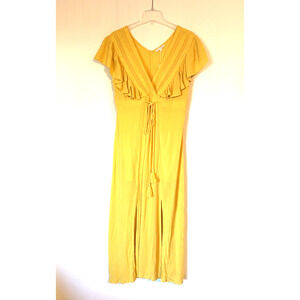 Baltic Born Womens Dress Large Maxi Long Yellow Aline Vneck Ruffle Short Sleeve